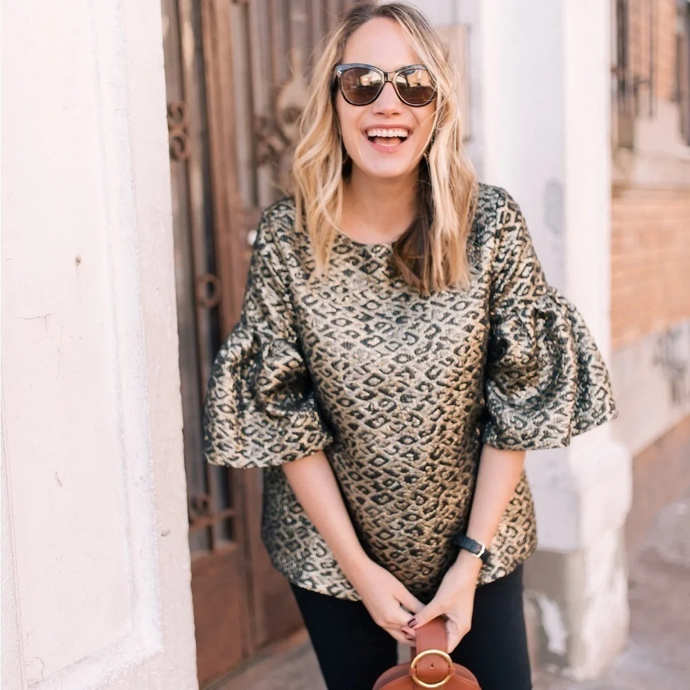 Tuckernuck Metallic Leopard Jacquard Puff-Sleeve Blouse in Gold and Black
